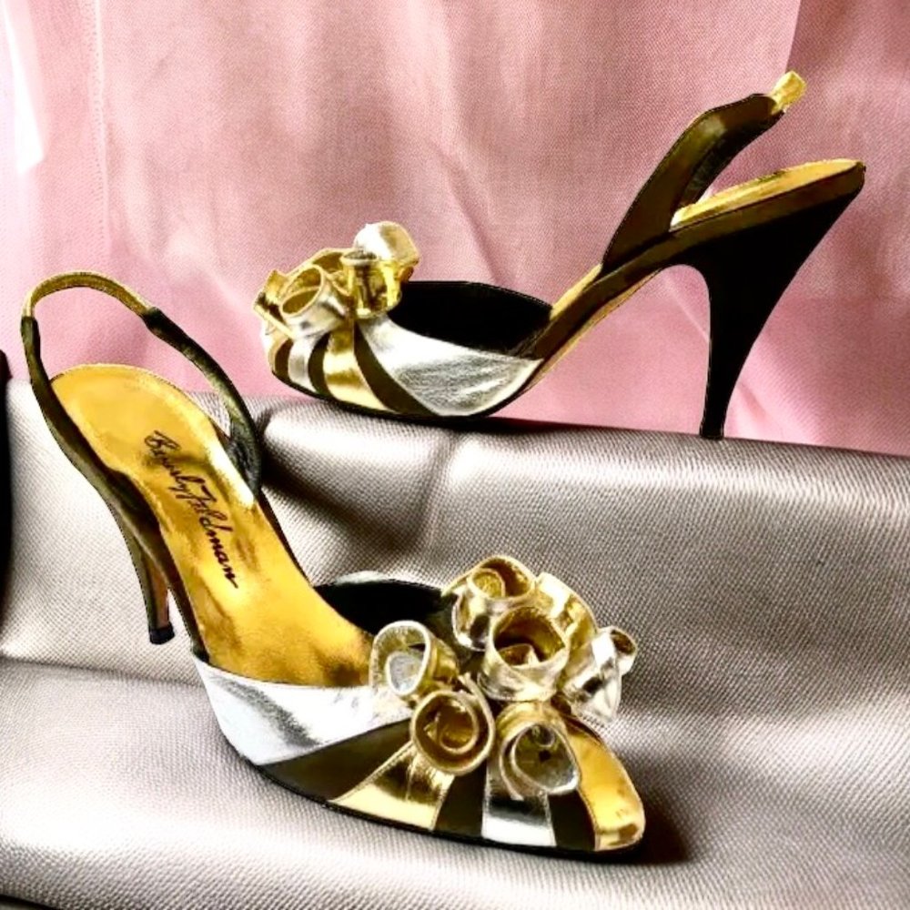 Beverly Feldman Vtg 80's Metallic Silver & Gold Leather Slingback Pump AS IS
